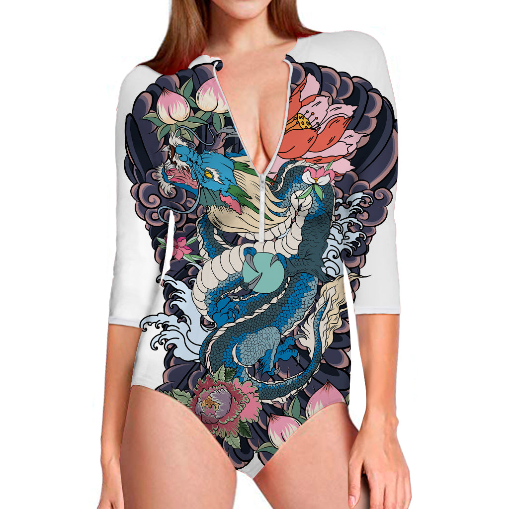 Blue Japanese Dragon Tattoo Print Long Sleeve Swimsuit