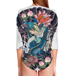 Blue Japanese Dragon Tattoo Print Long Sleeve Swimsuit