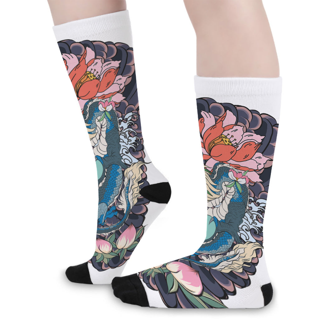 Blue Japanese Dragon Tattoo Print Long Socks