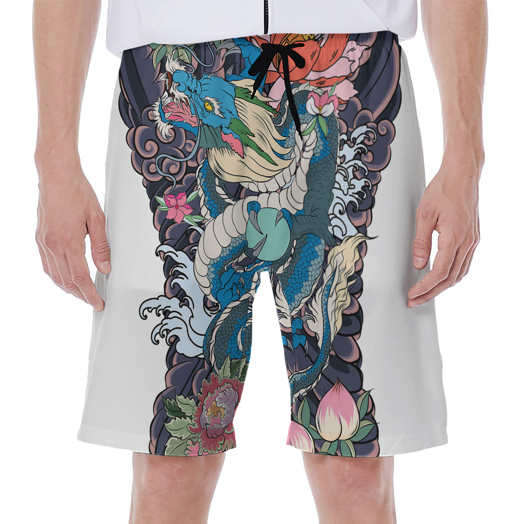 Blue Japanese Dragon Tattoo Print Men's Beach Shorts