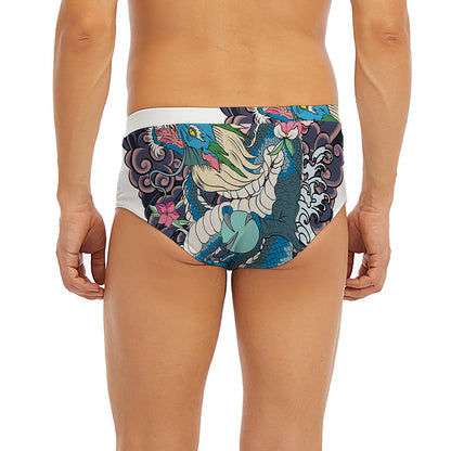 Blue Japanese Dragon Tattoo Print Men's Briefs