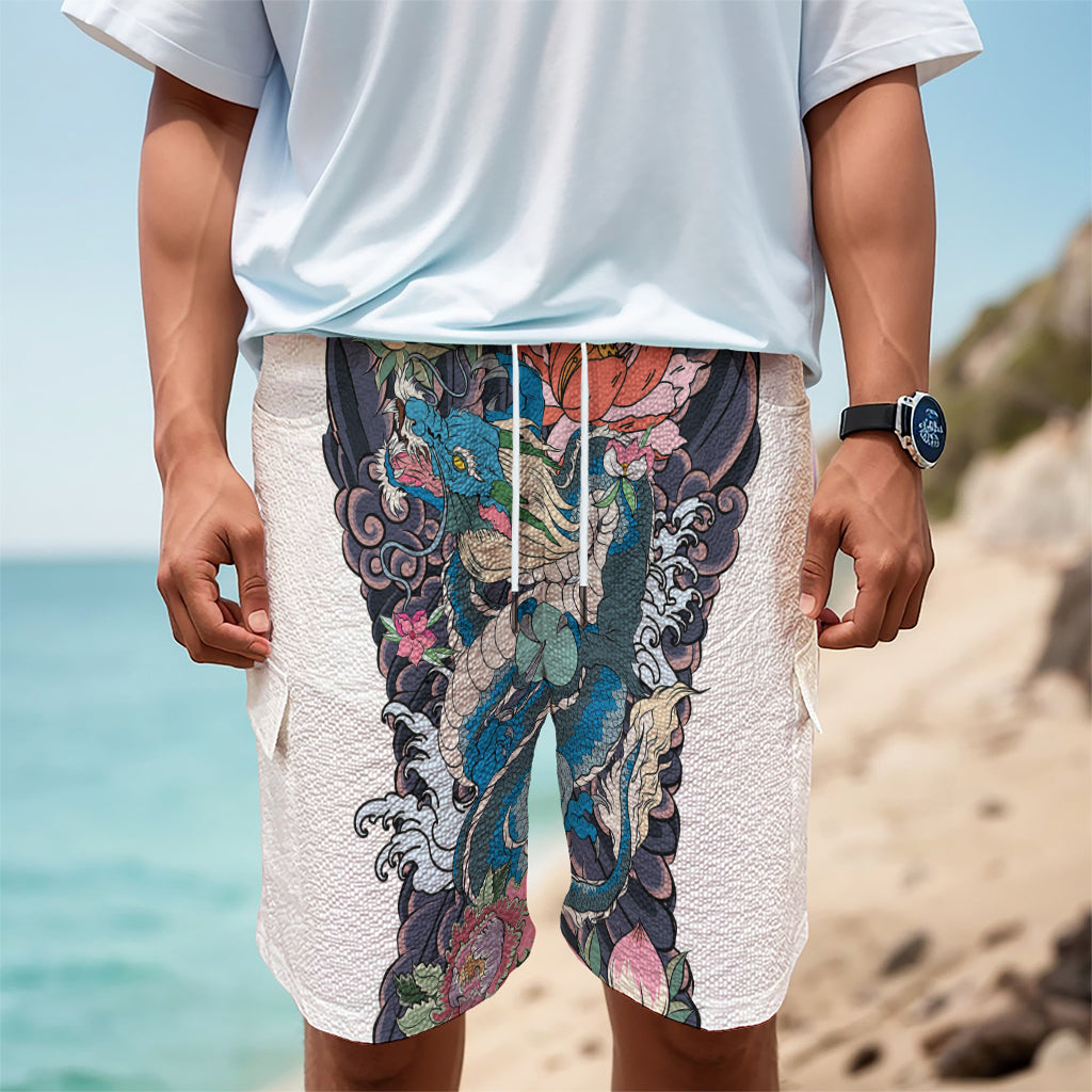 Blue Japanese Dragon Tattoo Print Men's Cargo Shorts