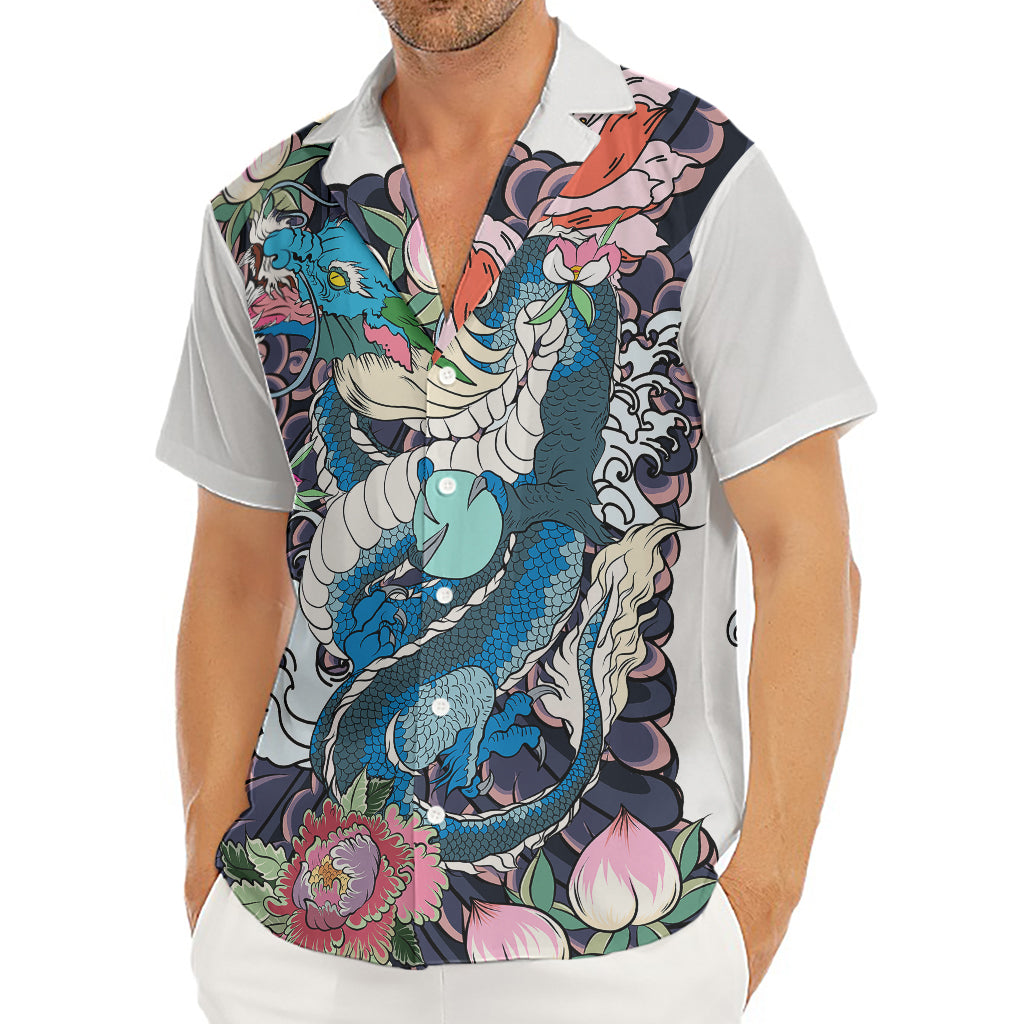 Blue Japanese Dragon Tattoo Print Men's Deep V-Neck Shirt