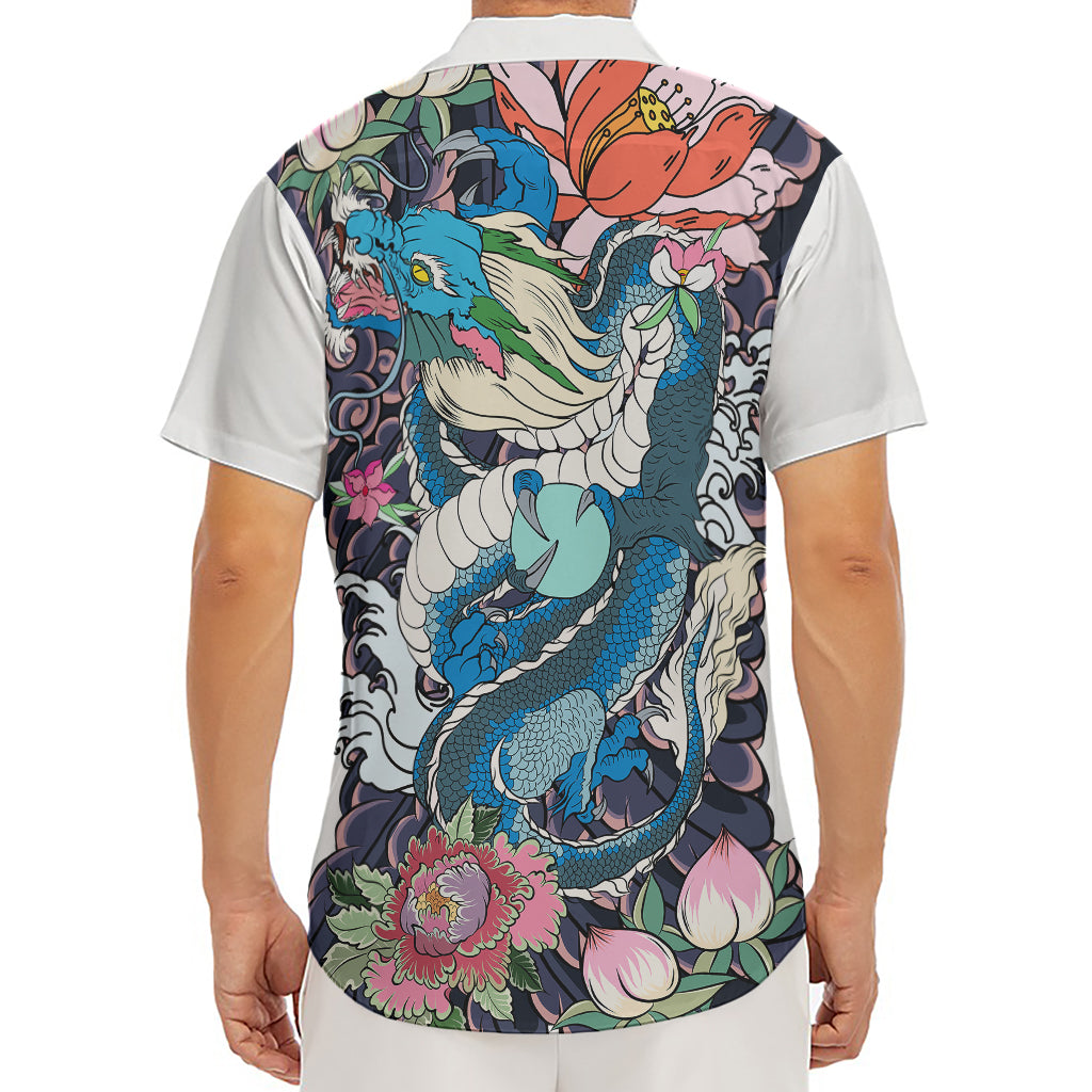 Blue Japanese Dragon Tattoo Print Men's Deep V-Neck Shirt