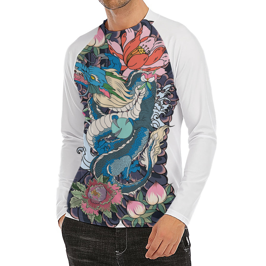 Blue Japanese Dragon Tattoo Print Men's Long Sleeve Rash Guard