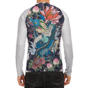 Blue Japanese Dragon Tattoo Print Men's Long Sleeve Rash Guard