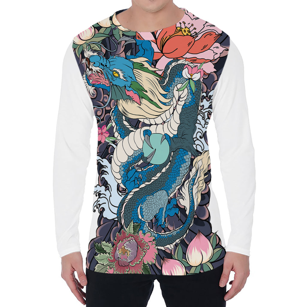 Blue Japanese Dragon Tattoo Print Men's Long Sleeve T-Shirt