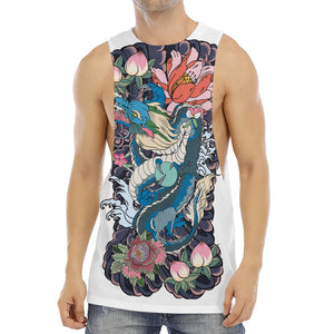 Blue Japanese Dragon Tattoo Print Men's Muscle Tank Top