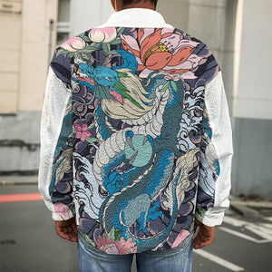 Blue Japanese Dragon Tattoo Print Men's Shirt Jacket