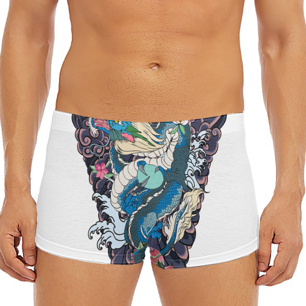 Blue Japanese Dragon Tattoo Print Men's Short Boxer Briefs