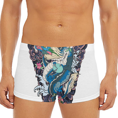 Blue Japanese Dragon Tattoo Print Men's Short Boxer Briefs