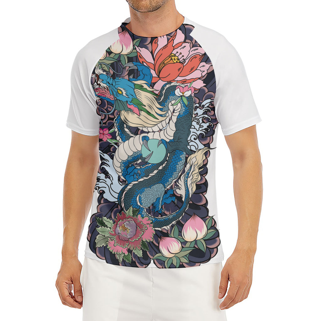 Blue Japanese Dragon Tattoo Print Men's Short Sleeve Rash Guard