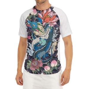 Blue Japanese Dragon Tattoo Print Men's Short Sleeve Rash Guard