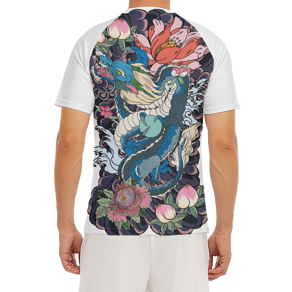 Blue Japanese Dragon Tattoo Print Men's Short Sleeve Rash Guard