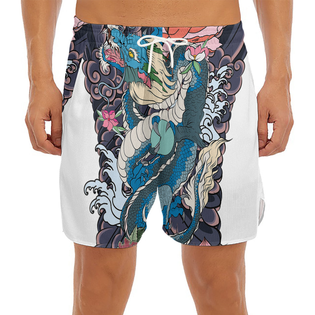 Blue Japanese Dragon Tattoo Print Men's Split Running Shorts