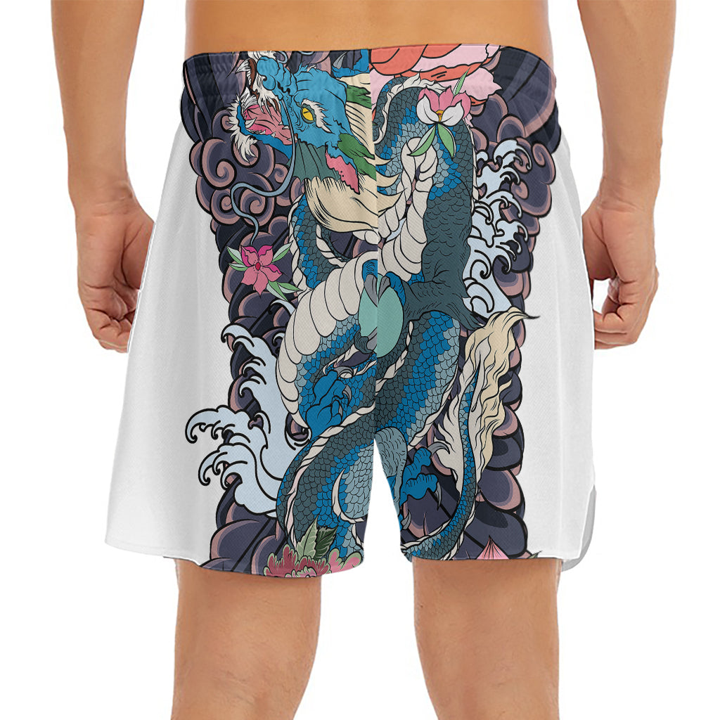 Blue Japanese Dragon Tattoo Print Men's Split Running Shorts