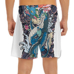 Blue Japanese Dragon Tattoo Print Men's Split Running Shorts