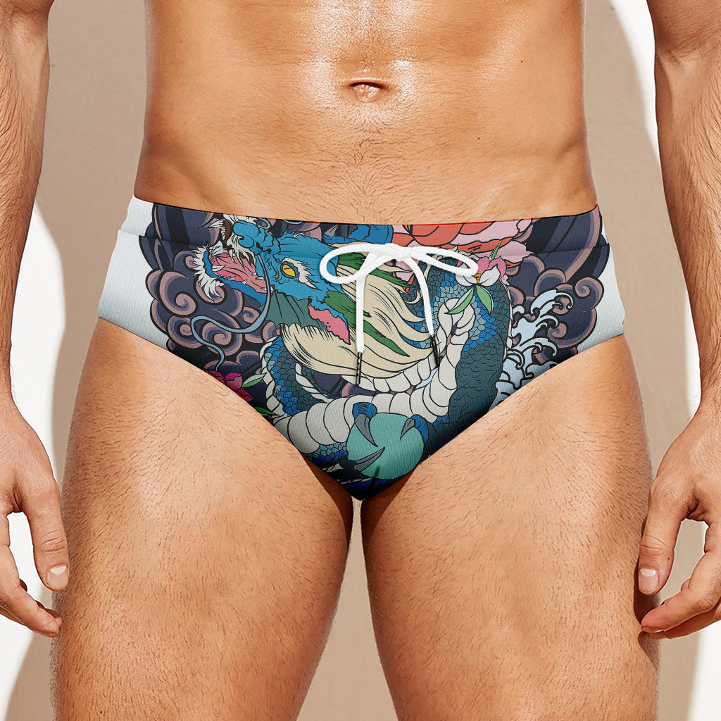 Blue Japanese Dragon Tattoo Print Men's Swim Briefs