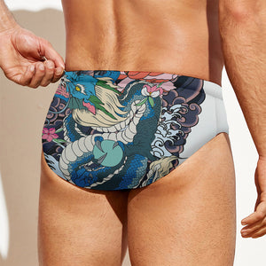 Blue Japanese Dragon Tattoo Print Men's Swim Briefs