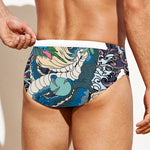 Blue Japanese Dragon Tattoo Print Men's Swim Briefs