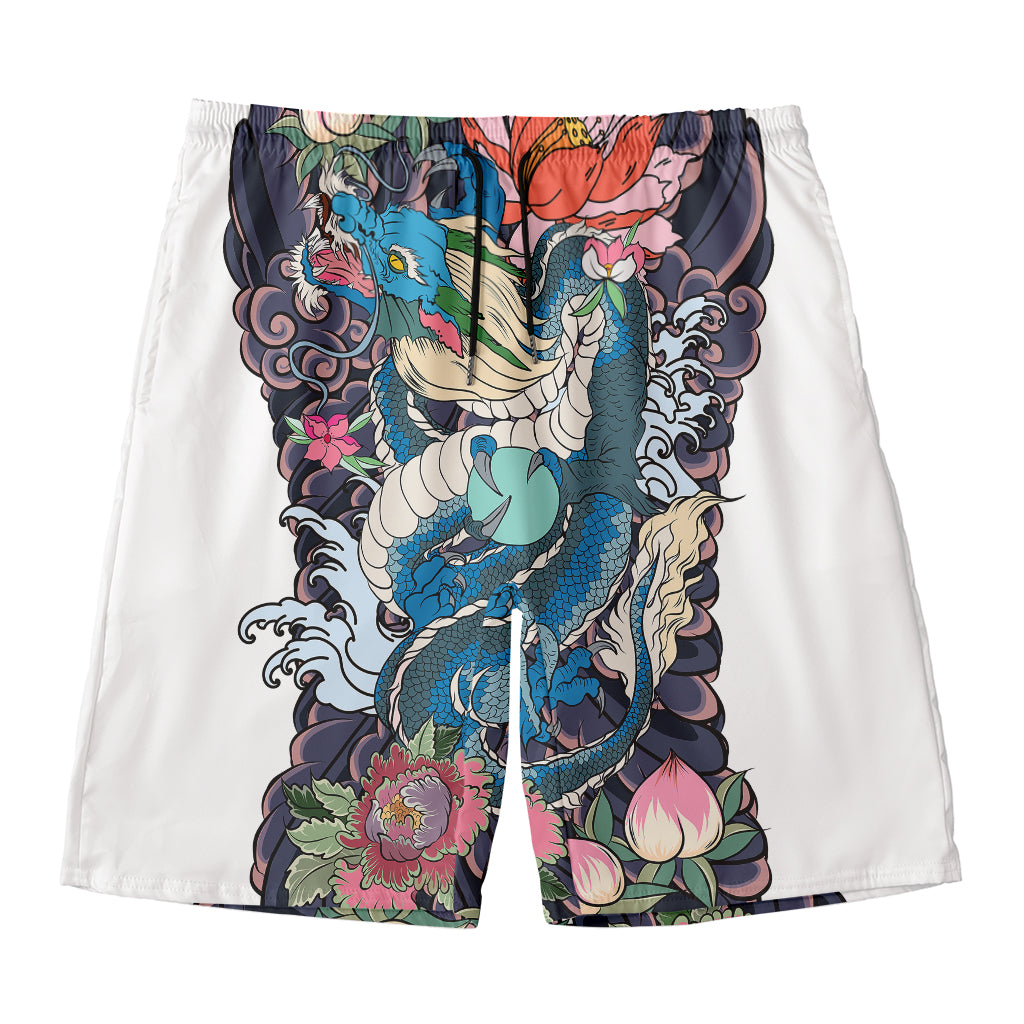 Blue Japanese Dragon Tattoo Print Men's Swim Trunks