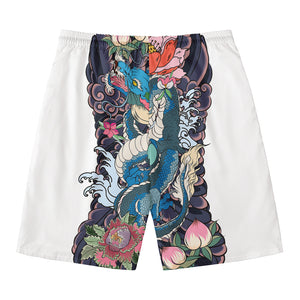 Blue Japanese Dragon Tattoo Print Men's Swim Trunks