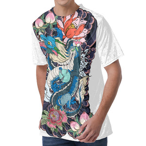 Blue Japanese Dragon Tattoo Print Men's Velvet T-Shirt