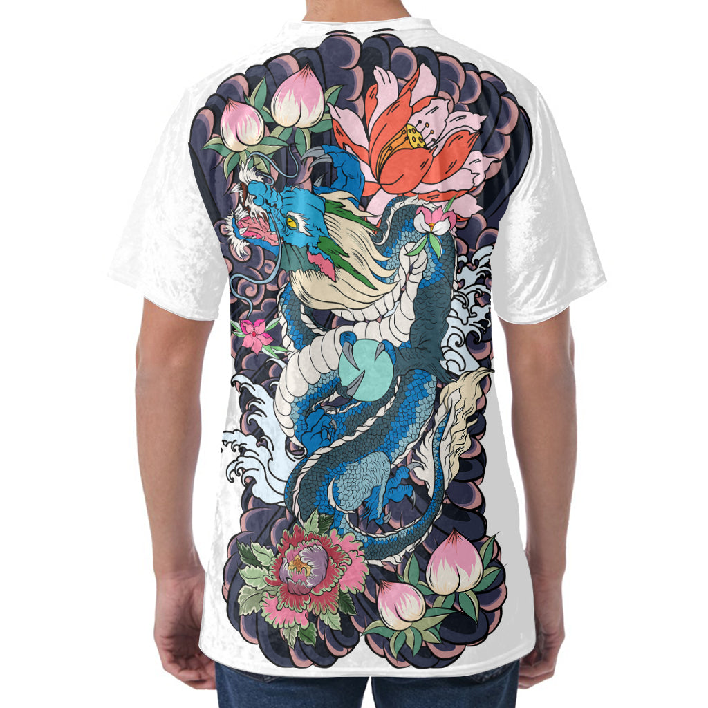 Blue Japanese Dragon Tattoo Print Men's Velvet T-Shirt