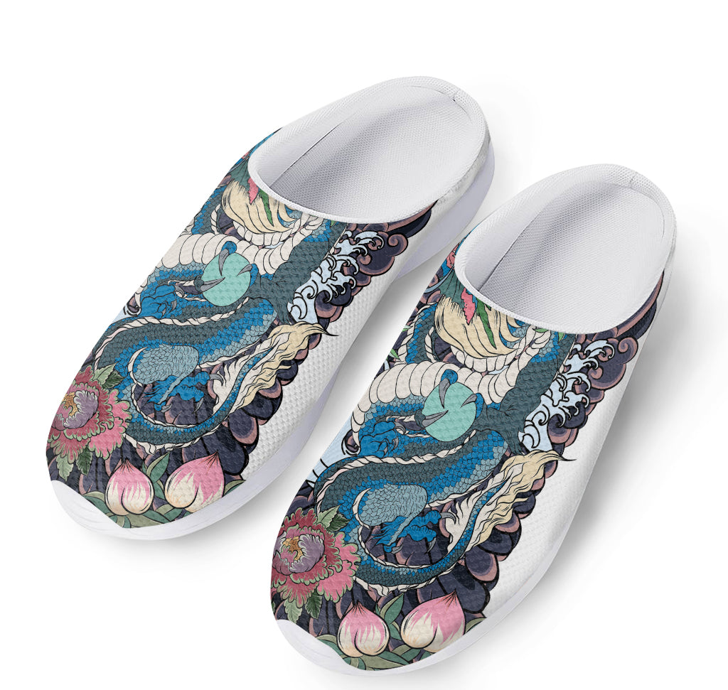 Blue Japanese Dragon Tattoo Print Mesh Casual Shoes