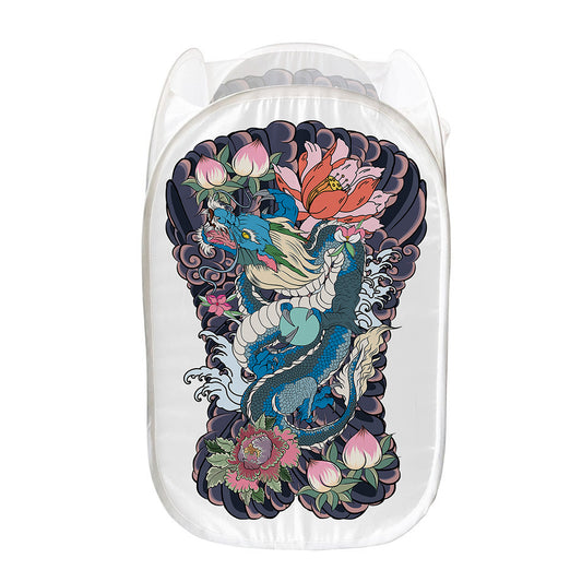 Blue Japanese Dragon Tattoo Print Mesh Laundry Hamper