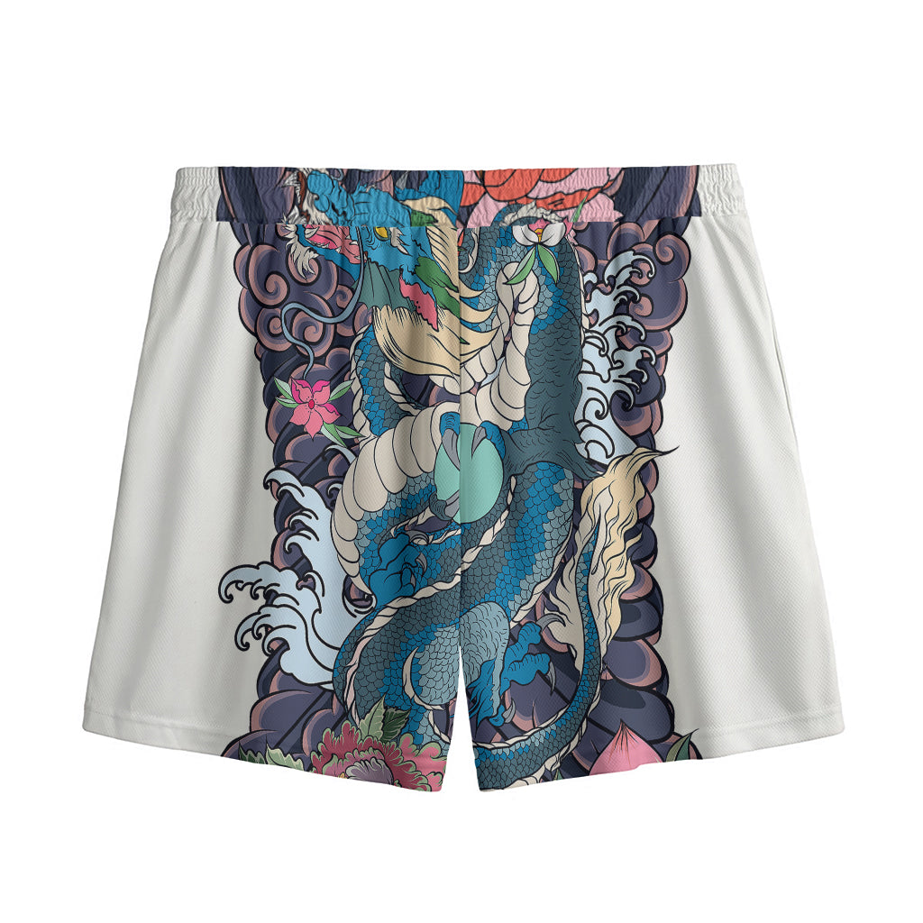 Blue Japanese Dragon Tattoo Print Mesh Shorts