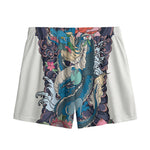 Blue Japanese Dragon Tattoo Print Mesh Shorts