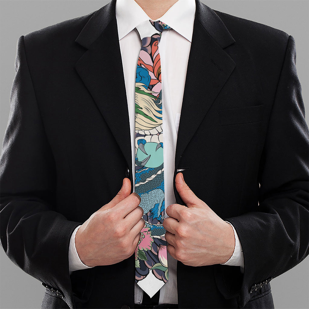 Blue Japanese Dragon Tattoo Print Necktie