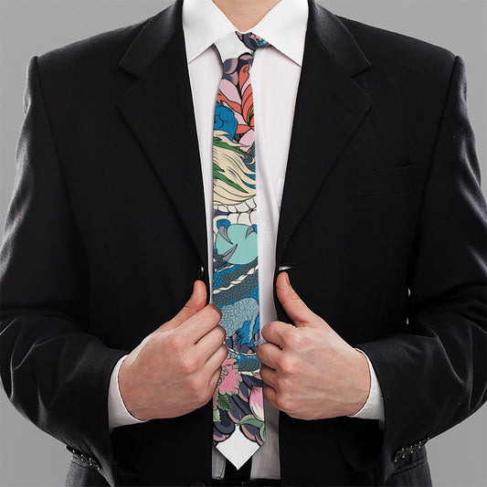 Blue Japanese Dragon Tattoo Print Necktie