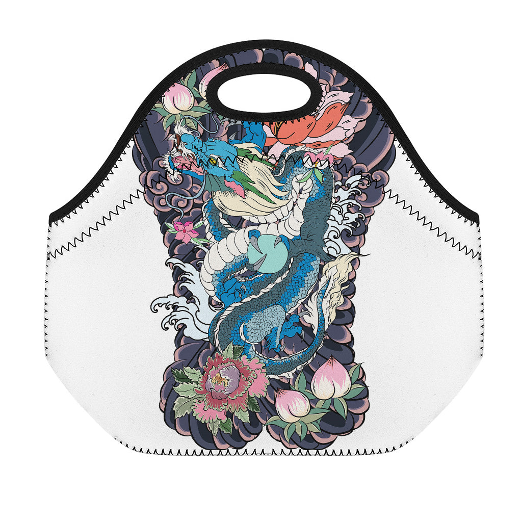 Blue Japanese Dragon Tattoo Print Neoprene Lunch Bag