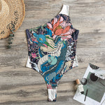 Blue Japanese Dragon Tattoo Print One Shoulder Bodysuit