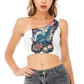 Blue Japanese Dragon Tattoo Print One Shoulder Crop Top
