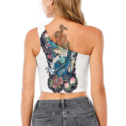 Blue Japanese Dragon Tattoo Print One Shoulder Crop Top