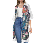 Blue Japanese Dragon Tattoo Print Open Front Beach Cover Up