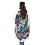 Blue Japanese Dragon Tattoo Print Open Front Beach Cover Up