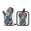 Blue Japanese Dragon Tattoo Print Oven Mitt And Pot Holder Set