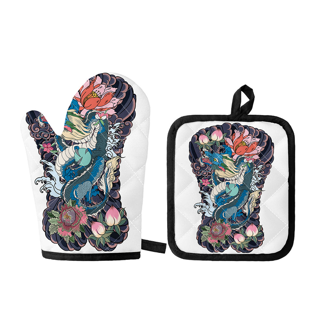 Blue Japanese Dragon Tattoo Print Oven Mitt And Pot Holder Set