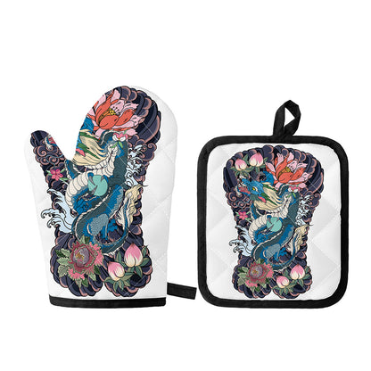 Blue Japanese Dragon Tattoo Print Oven Mitt And Pot Holder Set