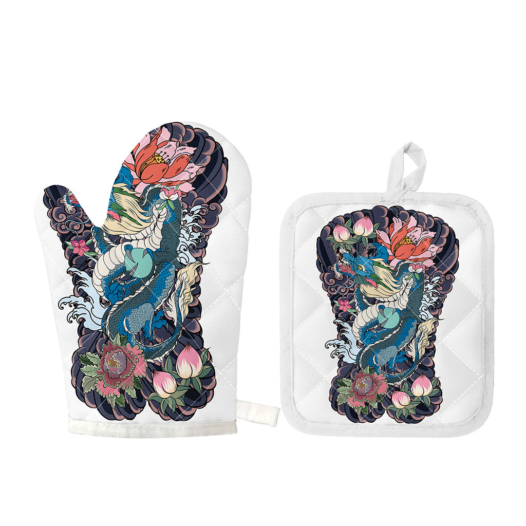 Blue Japanese Dragon Tattoo Print Oven Mitt And Pot Holder Set