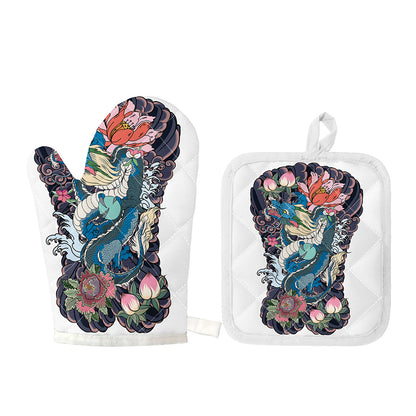 Blue Japanese Dragon Tattoo Print Oven Mitt And Pot Holder Set