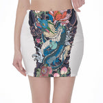 Blue Japanese Dragon Tattoo Print Pencil Mini Skirt