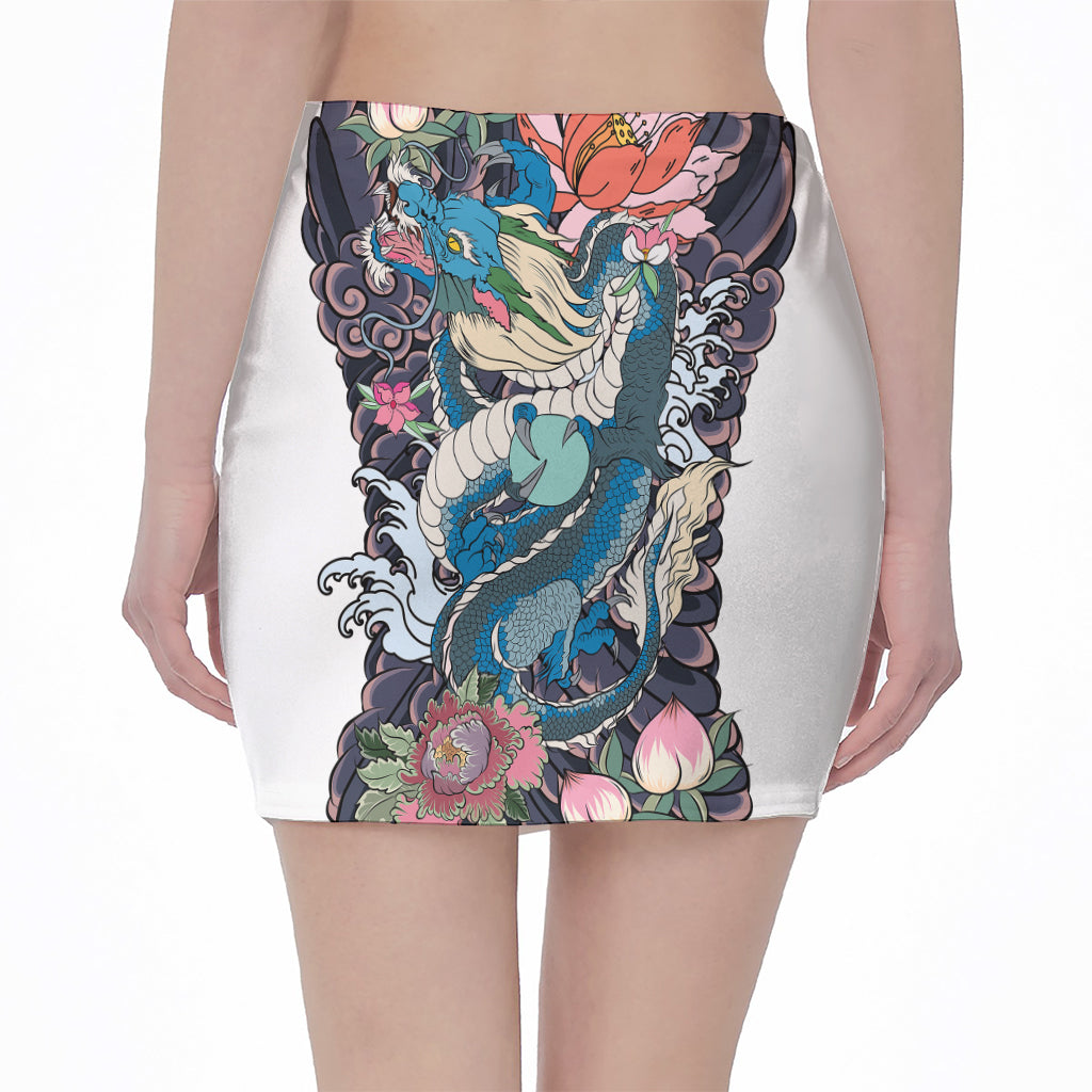 Blue Japanese Dragon Tattoo Print Pencil Mini Skirt