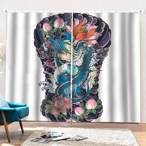 Blue Japanese Dragon Tattoo Print Pencil Pleat Curtains