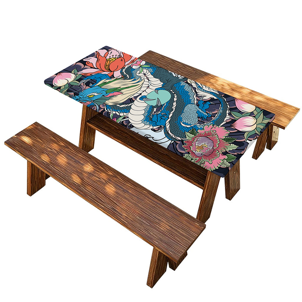 Blue Japanese Dragon Tattoo Print Picnic Table Cover