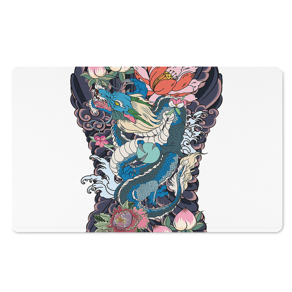 Blue Japanese Dragon Tattoo Print Polyester Doormat